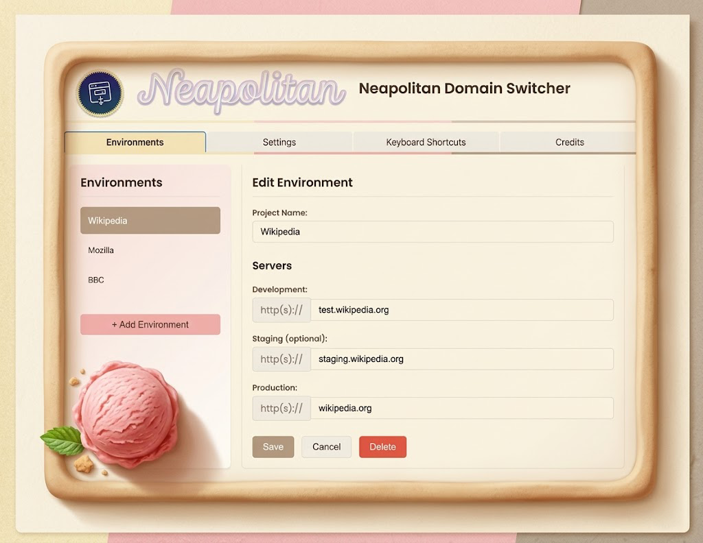 The Neapolitan options page showing environment configuration and the four built-in keyboard shortcut schemes