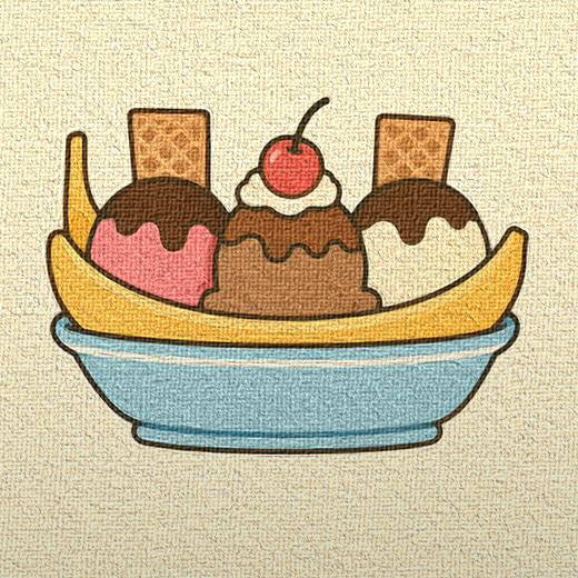 A banana split in a blue dish — chocolate, vanilla, and strawberry scoops nestled between two banana halves, topped with a cherry and wafer sticks