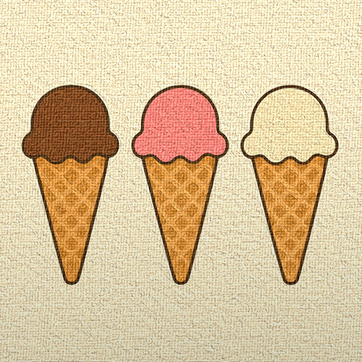 Three glowing single-scoop ice cream cones in a row — chocolate, strawberry, vanilla — like counting one, two, three